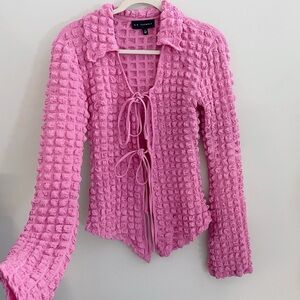 Y2k style tie front bubble texture blouse pink stretchy festival